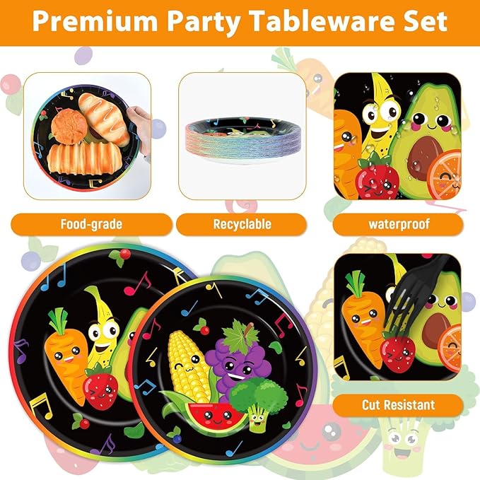 96 Pcs Dancing Fruit Party Plates and Napkins for Fruit Birthday Theme Supplies Dancing Fruits Themed Paper Dessert Plates Fruits Party Tableware Set for Kids 24 Guests Birthday Decoration