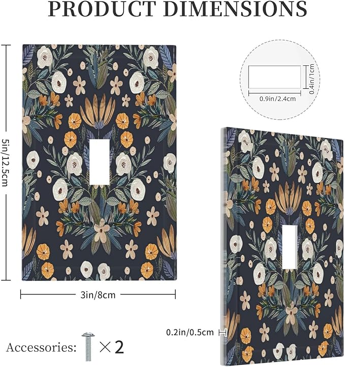 Boho Leaf Floral Navy Blue Background 1 Gang Light Switch Covers Single Toggle Wall Plate Decorative Switchcover Electrical Switchplate for Farmhouse Country Bedroom Bedroom Decor