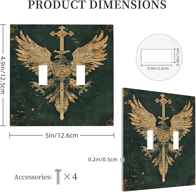 Medieval Retro Golden Eagle Totem Decorative Switch Plates 2 Gang Double Toggle Wall Plate Electrical Faceplate Outlet Light Switch Cover for Bedroom Living Room Decor