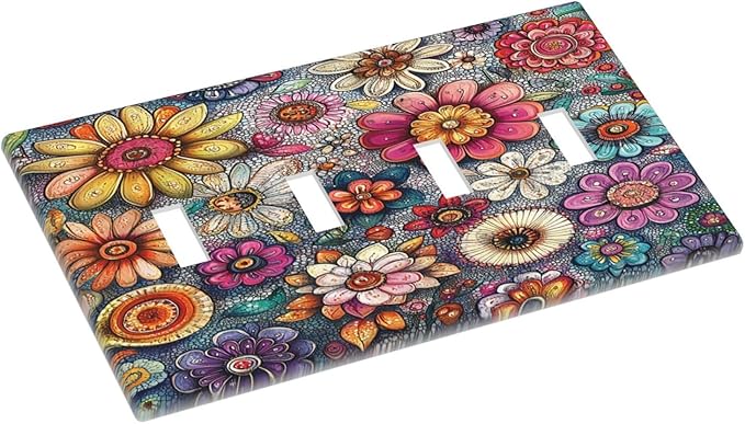 Light Switch Covers Colorful Rainbow Pointillisme Flower Quad Toggle Electrical Faceplate 4 Gang Wall Plate Decorative Switch Plates For Bed Room Home Decor
