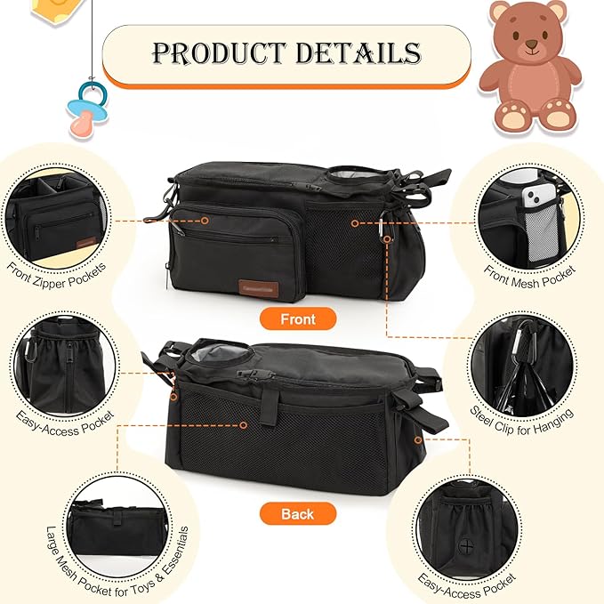 Stroller Organizer Bag with Insulated Cup Holder & Adjustable Dividers, Non-Slip Stroller Caddy with Multiple Pockets, Fits 14"-19" Handles, Water-Resistant, Black