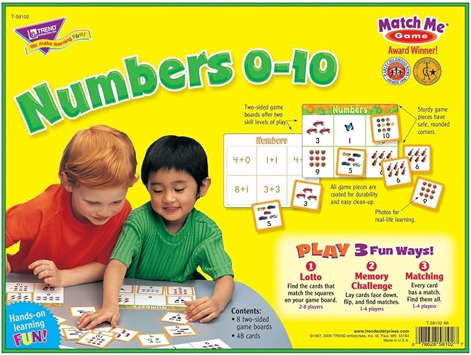 Trend Enterprises: Match Me Game–Numbers 0-10, Learn Numbers and Practice Counting with Photos, Develop Matching and Memory Skills, Play 3 Fun Ways, Ages 3 and Up