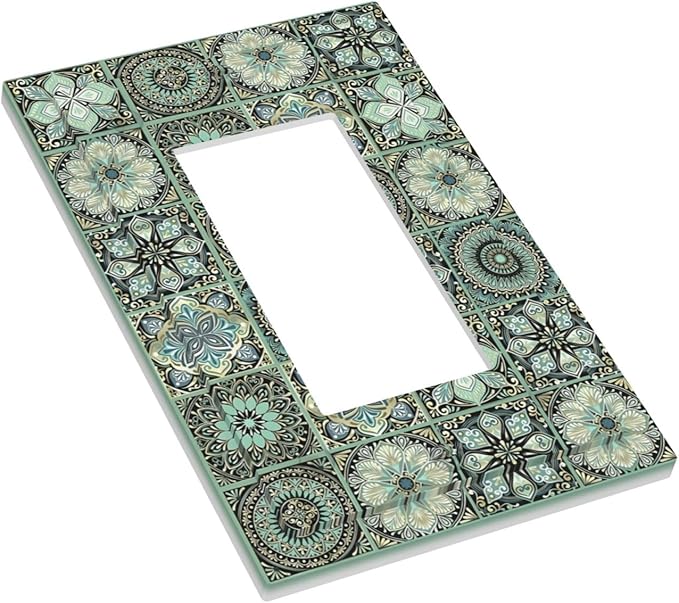 Moroccan Mandala Tile Floral Talavera Tiles Decorative Outlet Covers 1 Gang Single Rocker Light Switch Cover Plate Wall Plates GFCI Faceplate for Bathroom Kitchen Decor
