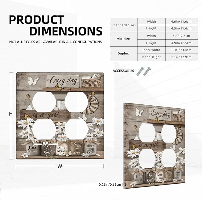 Rustic Daisy Flower Butterfly Inspirational Cottage Outlet Covers 2 Gang Double Duplex Decorative Light Switch Covers Electrical Wallplates Socket Faceplate for Farmhouse Bedroom Decor