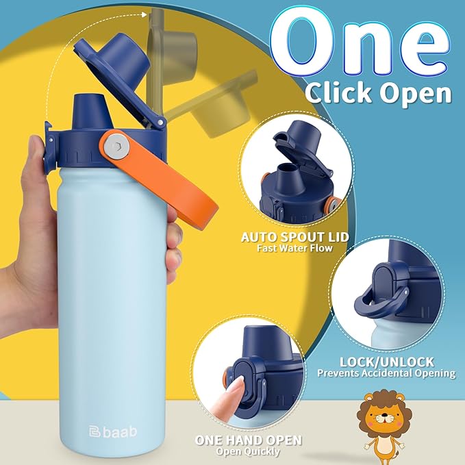baab 18oz Kids Water Bottle, Insulated Kids Water Bottle with Lockable Spout Lid & Stickers, 18/8 Stainless Steel Vacuum Leakproof Kid Water Cup for Boy Girl & School (Navy Blue+Grey, 2 Pack)