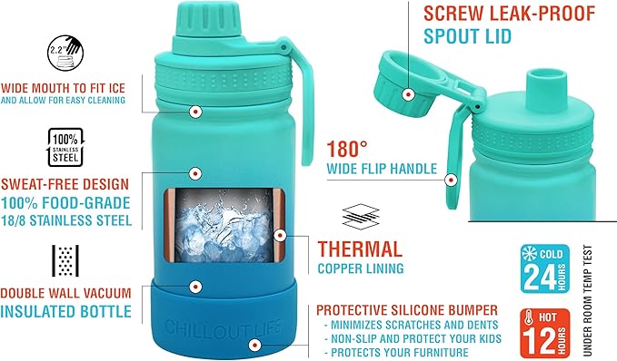 CHILLOUT LIFE 12 oz Kids Insulated Water Bottle for School with Leakproof Spout Lid and Cute Waterproof Stickers, Personalized Stainless Steel Thermos Flask Metal Water Bottle for Girls & Boys