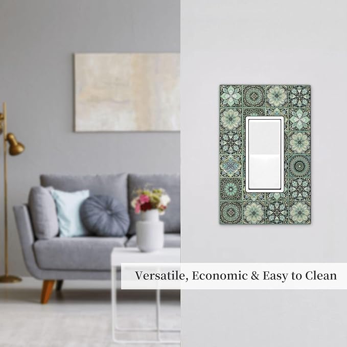 Moroccan Mandala Tile Floral Talavera Tiles Decorative Outlet Covers 1 Gang Single Rocker Light Switch Cover Plate Wall Plates GFCI Faceplate for Bathroom Kitchen Decor
