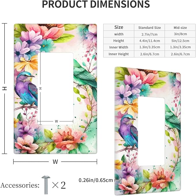 Bird Floral Flower Single Gang Rocker Light Switch Cover Plates Decorative Outlet Covers, 1 Gang Rocker Wall Plate