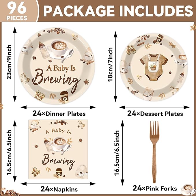 96 Pcs Coffee Baby Shower Party Plates Napkins Tableware Set A Baby Is Brewing Supplies In Bloom Disposable Dinnerware Coffee Themed Decoration Favors for Pregnancy Party, 24 Guests