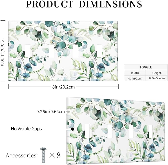 Green Olive Sage Eucalyptus Leaves Decorative 4 Gang Quad Toggle Light Switch Cover Electric Large Size Quadruple Faceplate Decorative Switch Face Wallplate