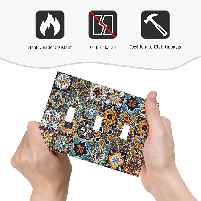 Mexican Talavera Tiles Floral Decorative Switch Plates 3 Gang Wall Plate Triple Toggle Light Switch Cover Faceplate Electrical Wall Panels for Bathroom Kitchen Decor