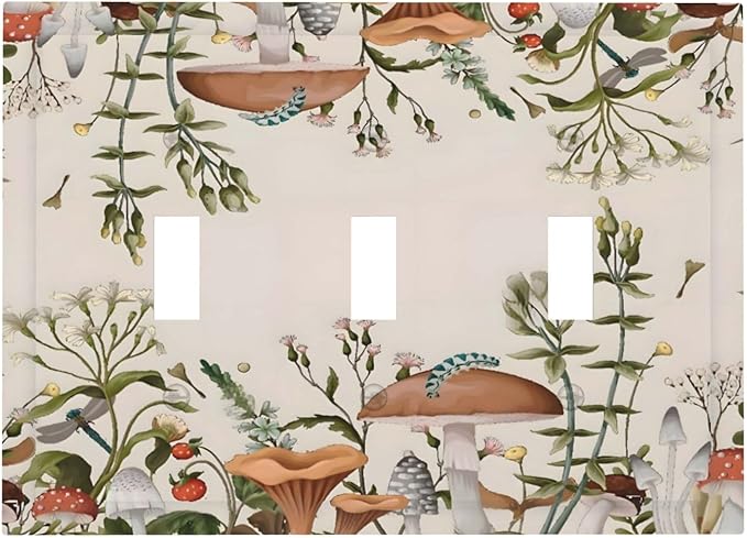 Boho Mushroom Forest Plants Wildflowers Insects Decorative Switch Plates 3 Gang Wall Plate Triple Toggle Light Switch Cover Faceplate Electrical Wall Panels for Kids Room Home Decor