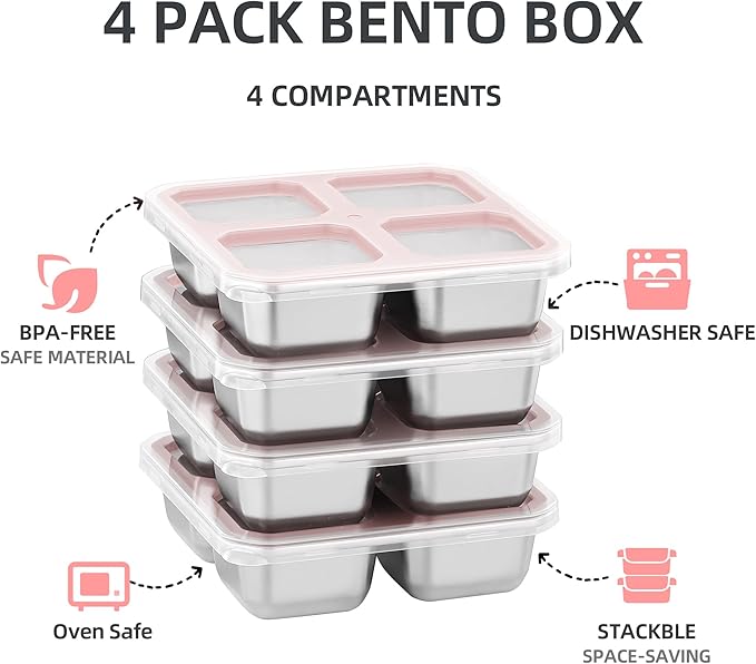 BEFOY 4 Pack Stainless Steel Snack Containers with Lids 4 Compartment Food Storage Containers for Adults & Kids Meal Prep Containers Reusablele (PINK, 2)