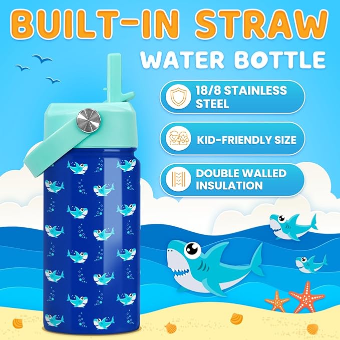 SANDJEST Shark Water Bottle - Kids Water Bottle with Straw Lid - 12 Oz Insulated Stainless Steel Water Bottles for Kid Boy- Travel Cup for School Sports