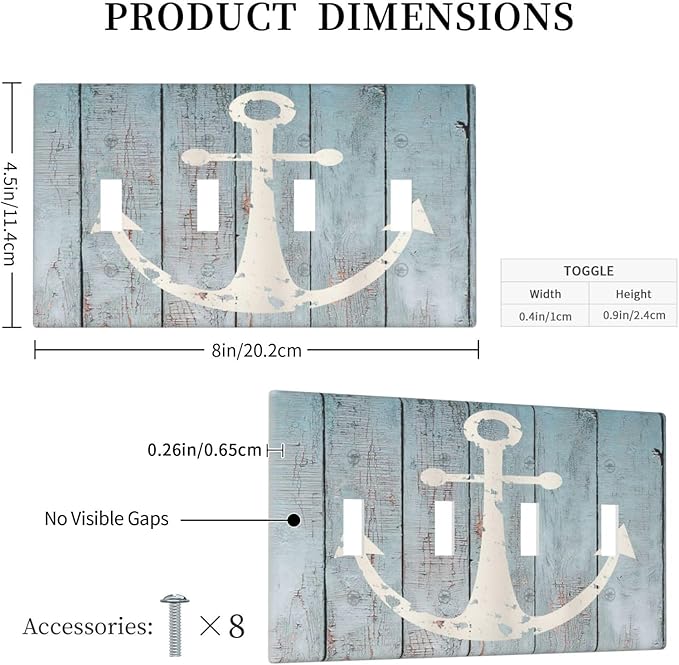 Anchor Rustic Sailing Nautical Wooden Planks Marine Light Switch Covers Quad Toggle Electrical Faceplate 4 Gang Wall Plate Decorative Switch Plates Cover for Bathroom Farmhouse Decor