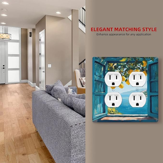 Window View Coastal Lemon Tree Mediterranean Landscape Outlet Covers 2 Gang Double Duplex Decorative Light Switch Covers Electrical Wallplates Socket Faceplate for Bedroom Living Room Decor
