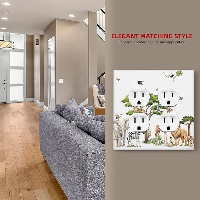Large Animals Elephant Giraffe Jungle Lion Leopard Zebra Outlet Covers 2 Gang Double Duplex Decorative Light Switch Covers Electrical Wallplates Socket Faceplate for Kids Room Nursery Decor