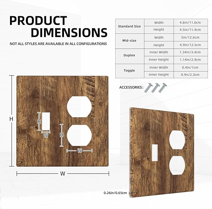 Light Switch Cover Plate Rustic Wood Grain Country Vintage Wooden Board 2 Gang Outlet Covers 1 Toggle 1 Duplex Socket Cover Wallplates Electrical Switch Plate Covers for Farmhouse Home Decor