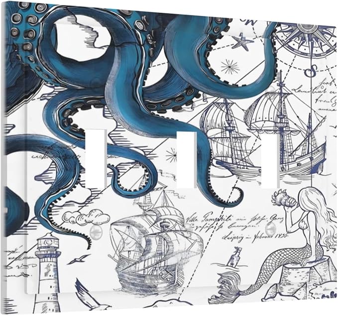 Nautical Vintage Map Octopus Mermaid Lighthouse Boat Decorative Switch Plates 3 Gang Wall Plate Triple Toggle Light Switch Cover Faceplate Electrical Wall Panels for Bathroom Kids Room Decor