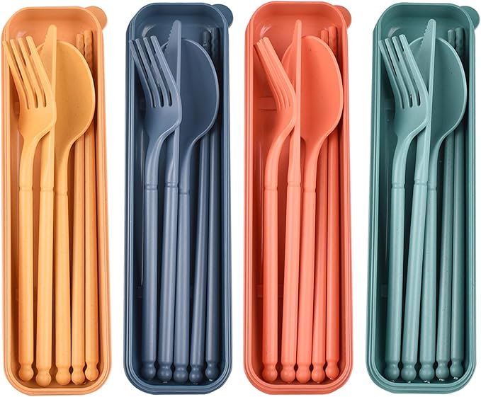 Camping Utensil Set, Reusable Utensils Set with Case, Plastic Cutlery Set Forks Spoon Tableware Chopsticks, Portable Cutlery Set for Travel Picnic Camping or Daily Use (Dark Color-4)