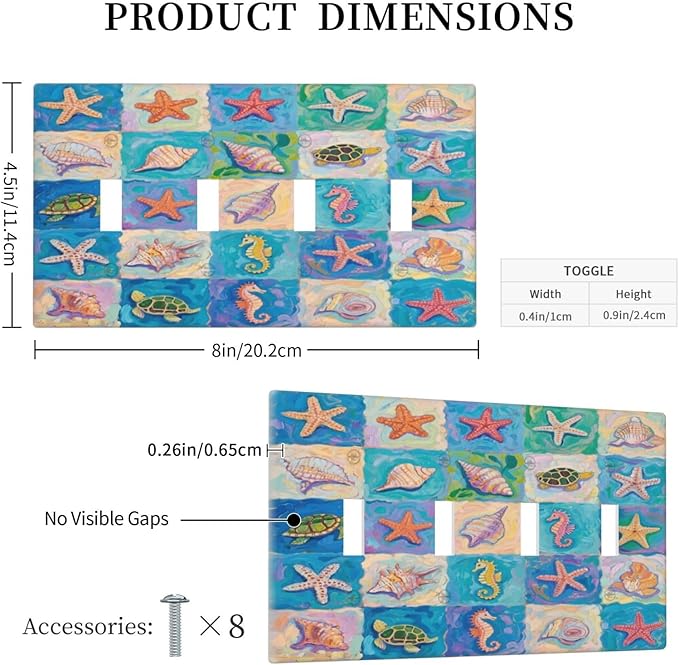Sea Turtle Starfish Ocean Quad Toggle Wall Plate Decorative 4 Gang Light Switch Covers Electrical Switchplate Home Decorate Faceplat for Bathroom Bedroom Kitchen Room 4.5 x 8 Inch