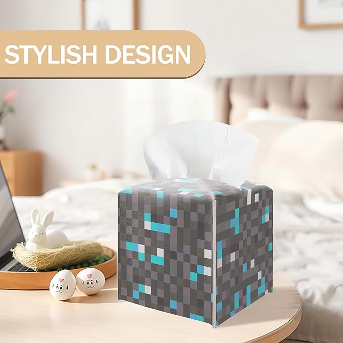 Pixel Diamond Ore Square Leather Tissue Box Cover – Gaming Themed Facial Paper Organizer, Fun Birthday Gift for Kids & Gamers, Decorative Bathroom, Bedroom & Game Room Decor