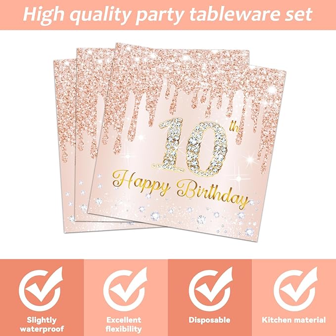 96 Pcs 10th Birthday Decoration for Girls Rose Gold 10th Birthday Plates and Napkins Party Supplies Rose Gold Pink Happy 10 Years Party Disposable Tableware Set for 24 Guests Party Decoration