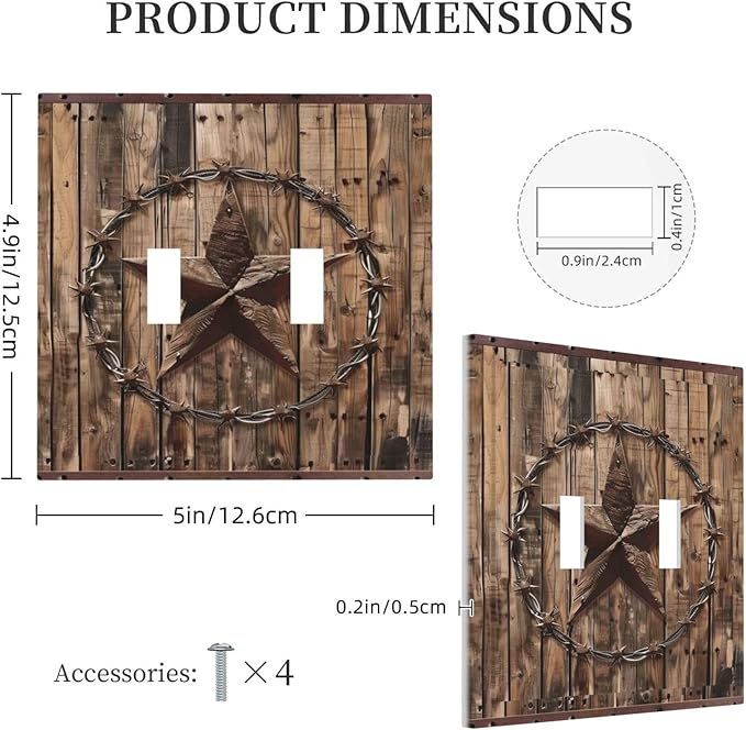 Outlet Covers Rustic Star Western Cowboy Wood 1 Gang Duplex Light Switch Cover Plate Decorative Wall Plates Electrical Switchplate Receptacle for Farmhouse Home Decor（2 Pack）