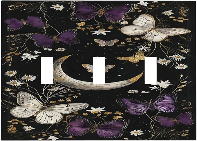 Decorative Light Switch Cover Plate Boho Crescent Moon Butterfly 3 Gang Wall Plate Triple Toggle Switch Plate Covers Electrical Outlet Cover for Bedroom Home Decor