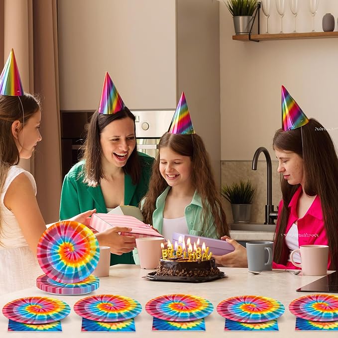 48Pcs Tie Dye Paper Plates and Napkins Rainbow Tie Party Decorations Dye Birthday Party Supplies Colorful Disposable Dinnerware Tableware for Adult Kids Girls Boys Hippie Baby Shower Serves 24