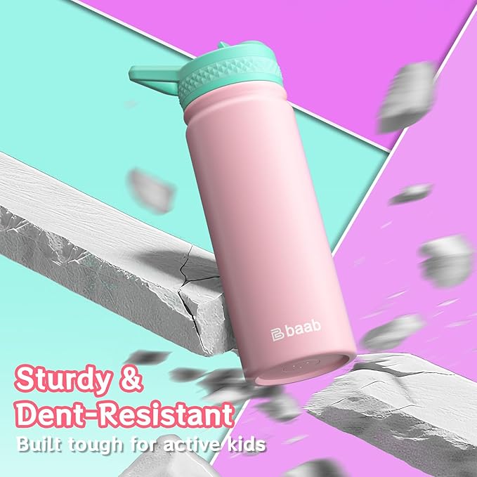 baab 20oz Kids Water Bottle, Insulated Water Bottle with Straw & Stickers, 18/8 Stainless Steel Vacuum Leakproof Kids Water Straw Cup for School, Perfect for Boy Girl (Pink+Purple, 2 Pack)