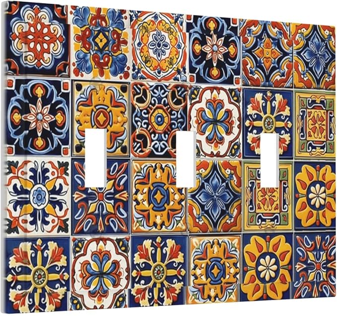 Mexican Talavera Tiles Flower Vintage Decorative Switch Plates 3 Gang Wall Plate Triple Toggle Light Switch Cover Faceplate Electrical Wall Panels for Kitchen Bathroom Decor