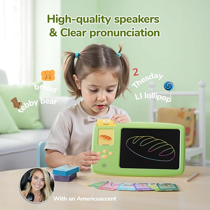 Talking Flash Cards for Toddlers: 2-in-1 LCD Writing Tablet with 510 Sight Words, Montessori Language Learning, Autism & Speech Therapy Toys for Children Ages 1-6, Green