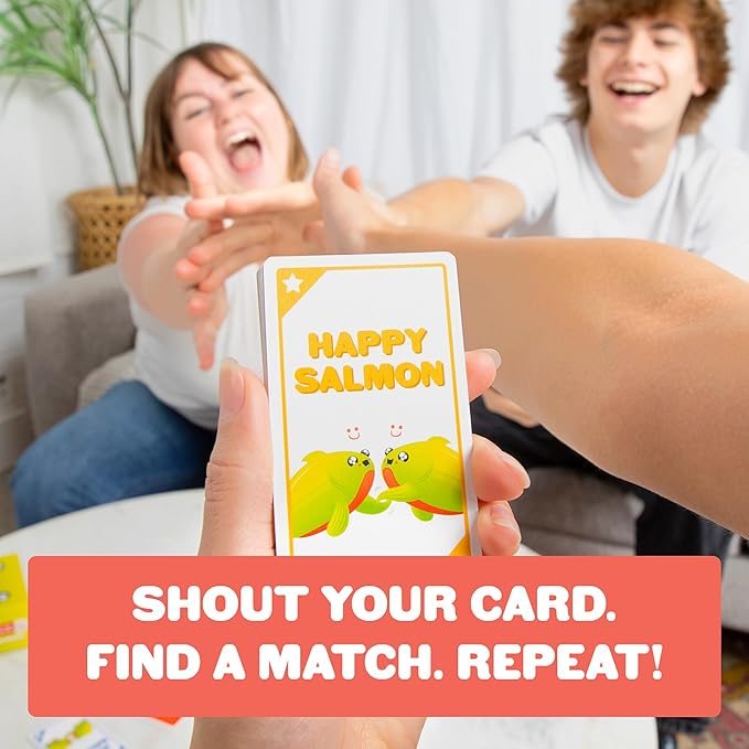 Exploding Kittens Happy Salmon Grab & Game - 3-8 Players - Ages 6+ - 90 Second Rounds - Travel Sized Cards - Easy to Learn Quick Matching - Party, Family Night, Kids and Adults