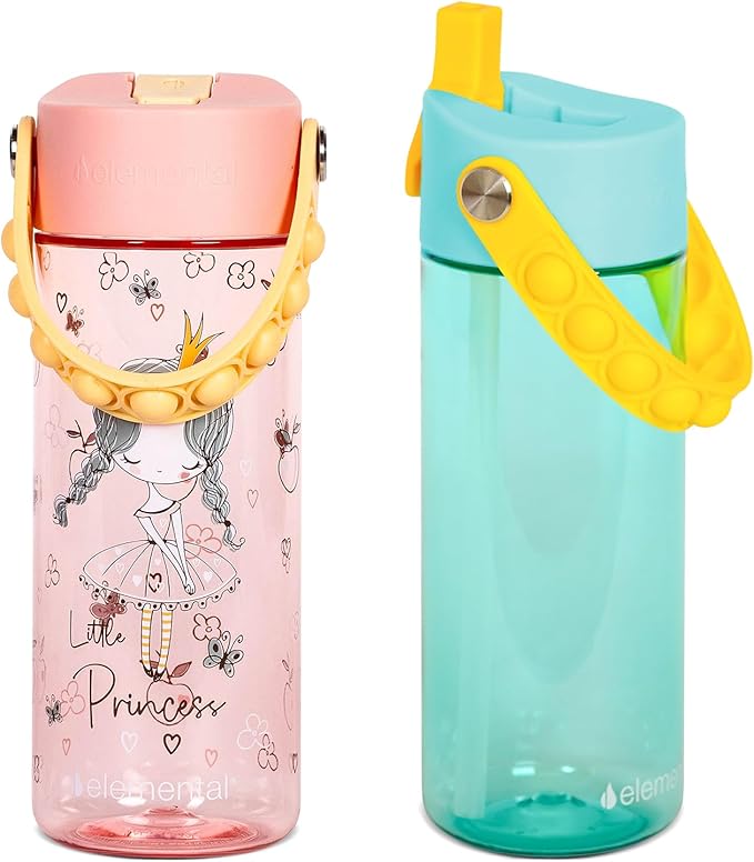 Elemental Leak Proof Water Bottles for Kids - Splash Kids Water Bottle for School with Pop-it Handle - Tritan Plastic Water Bottle with Straw - Little Princess & Robin's Egg - 18oz (2 Pack)