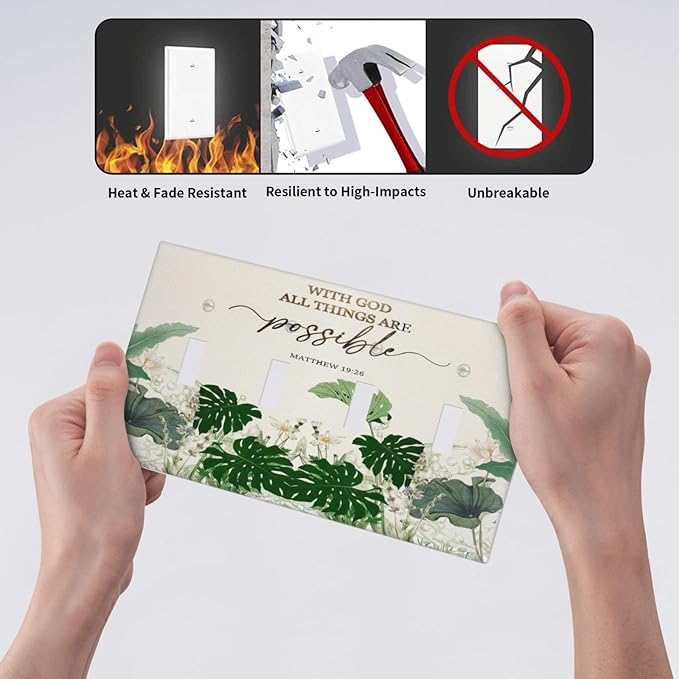 Decorative Light Switch Cover Plate Boho Green Monstera Leaf Inspirational Quotes 4 Gang Wall Plates for Electrical Quad Toggle Switch Plate Covers Outlet Covers Faceplate for Home Decor
