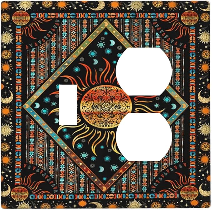 Decorative Outlet Covers Boho Burning Sun Moon Hippie Retro Bohemian Gypsy 2 Gang Wall Plate Double Duplex Light Switch Cover Switch Plate Covers Faceplate for Bedroom Decor