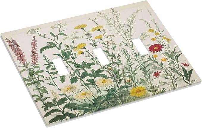 Rustic Wildflower Green Plants Daisy Floral Decorative Switch Plates 3 Gang Wall Plate Triple Toggle Light Switch Cover Faceplate Electrical Wall Panels For Farmhouse Bed Room Decor