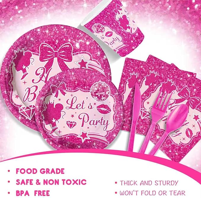 Hot Pink Dolls Themed Party Supplies for Girls Pink Birthday Party, Princess Party Decorations Disposable Tableware Set With Plates, Cups, Napkins & Cutlery For 24 Guests