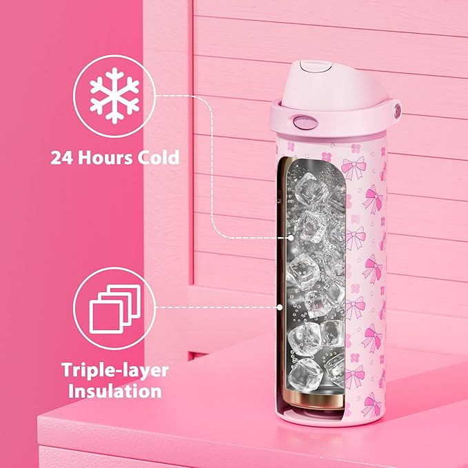24 oz Insulated Water Bottle for Women: Meoky Stainless Steel Water Bottle with 2-in-1 Straw and Spout Lid - Leak Proof, Cold for 24 Hours, Fits in Car Cup Holder, BPA-Free for Sports Travel, Ribbonie