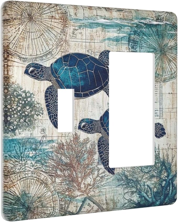 Blue Green Sea Turtle Tropical Ocean Coral Nautical Map Outlet Covers 1 Toggle 1 Rocker Combination Decorative Wall Plate Electrical Switch Plates Light Switch Cover Plate For Bed Room Bathroom Decor