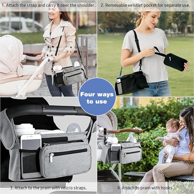 Baby Stroller Organizer, Universal Stroller Organizer with Detachable Phone Bag, Stroller Caddy with 2 Insulated Cup Holders, Buggy Organizer Bag with 2 Hooks Fits Most Strollers (Grey)