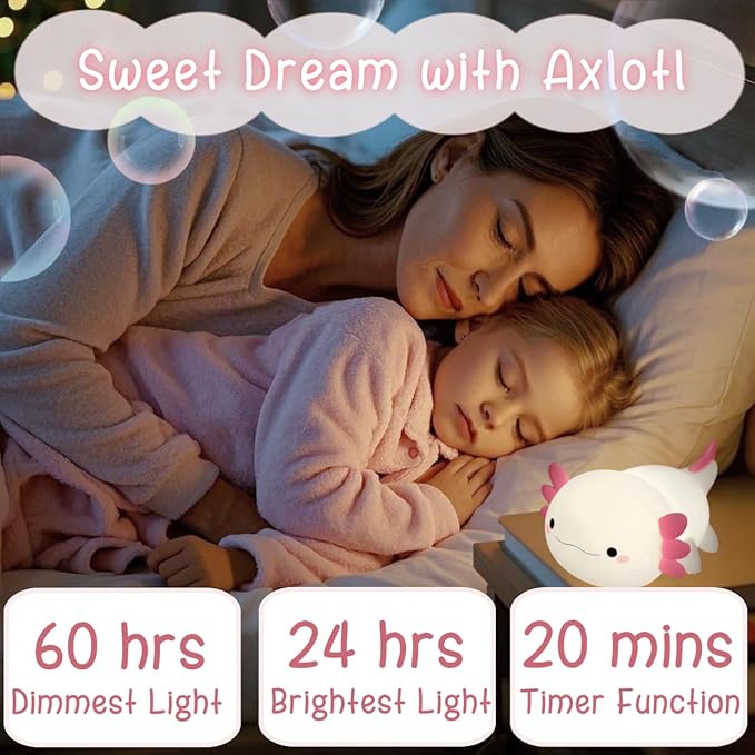 YR YRHH-PET Axolotl Night Light for Kids, Cute Squishy Rechargeable Axolotls Lamp, Unique White Pink Xmas Axolotl Gifts, Dimmable LED Silicone Nightlight, Baby Safe, Girls Room College Dorm Décor