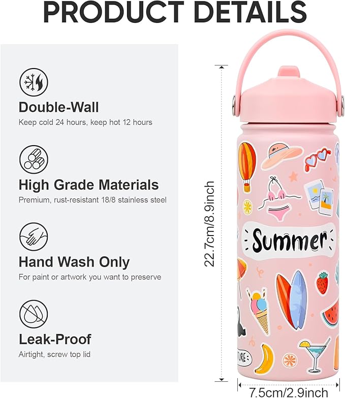KEWIXY 18 oz Insulated Water Bottle with Straw, Leak Proof, Stainless Steel with Handle, Reusable, Metal, Cup Holder Fit, for Travel, Gym and School (Summer Pink)