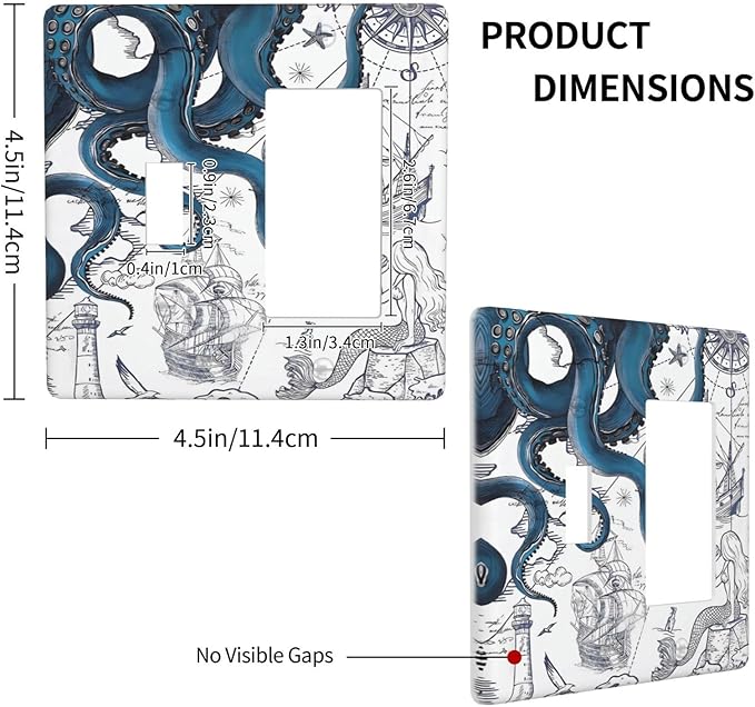 Nautical Vintage Map Octopus Mermaid Lighthouse Boat Outlet Covers 1 Toggle 1 Rocker Combination Decorative Wall Plate Electrical Switch Plates Light Switch Cover Plate for Bathroom Kids Room Decor
