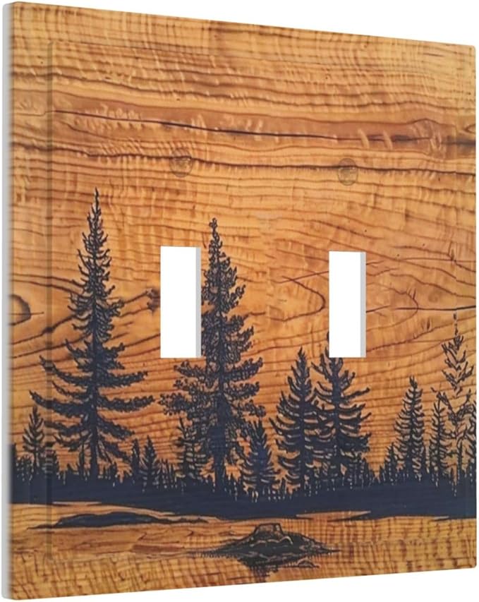 Forest Pine Tree Woodland Woods Grain Decorative 2 Gang Outlet Light Switch Cover Double Toggle Switch Wall Plate, Unbreakable Polycarbonate Thermoplastic Face Plate(Not Wood)