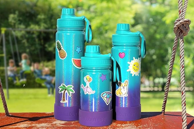 CHILLOUT LIFE 22 oz Kids Insulated Water Bottle for School with Leakproof Spout Lid and Cute Waterproof Stickers, Personalized Stainless Steel Thermos Flask Metal Water Bottle, Black