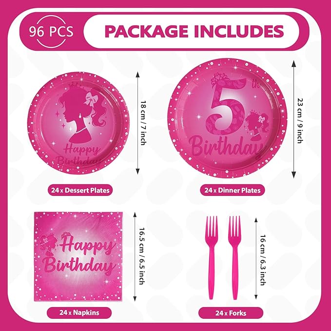 96Pcs Pink 5th Birthday Party Decorations 5 Years Old Hot Pink Plates and Napkins Princess Doll Girl Tableware Sets for Kids Girls Baby Shower Happy 5th Birthday Party Supplies Serves 24