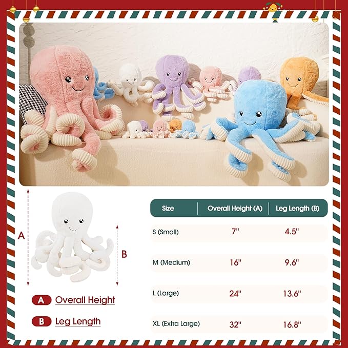 DENTRUN Octopus Stuffed Animals, Giant Octopus Plush Doll Play Toys for Kids Girls Boys Adults Birthday Xmas Halloween Present Stuffed Sea Animals Plushie, 7/16/24/32 Inches, 5 Colors