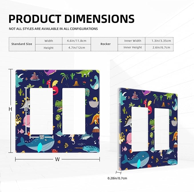 Cartoon Funny Cool Blue/Green Dinosaur 2 Gang Double Decorator GFCI/Rocker Wall Plate Boys Kids Whale Sea Life Dolphin Marine Electrical Outlet Decorative Receptacle Cover Light Switch for Dimmer, USB